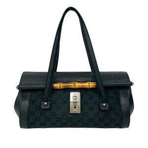 GUCCI Bamboo GG Logo Leather Canvas Handbag Mini Boston Bag Black o4015
